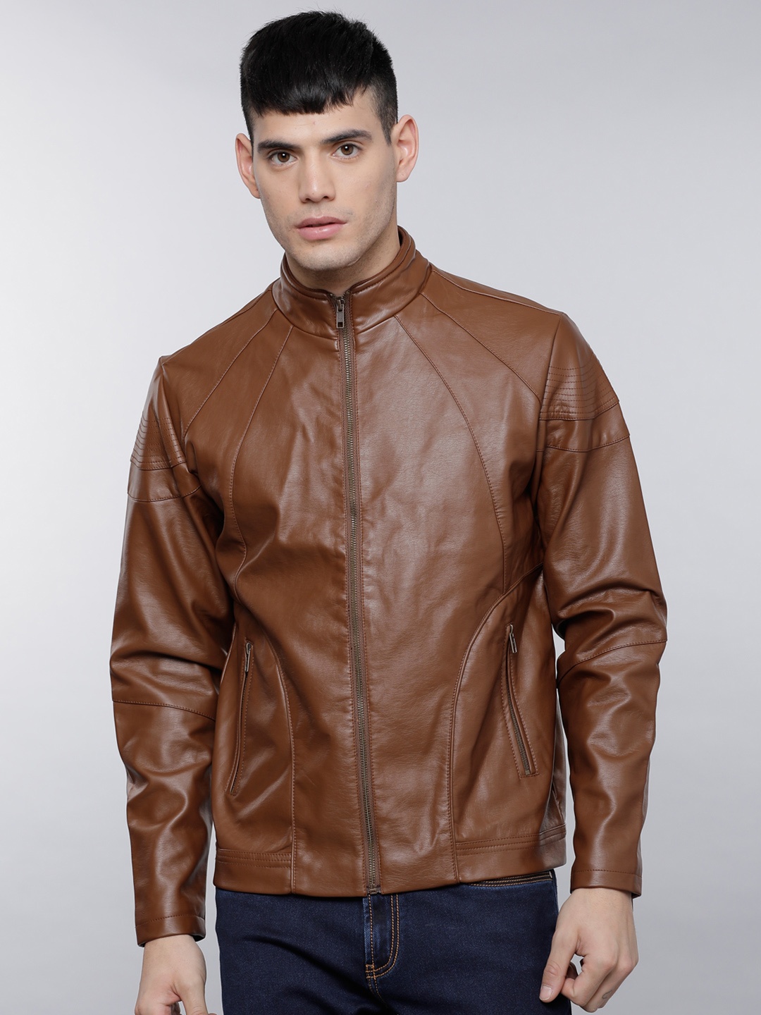 

LOCOMOTIVE Men Brown Solid Biker Jacket