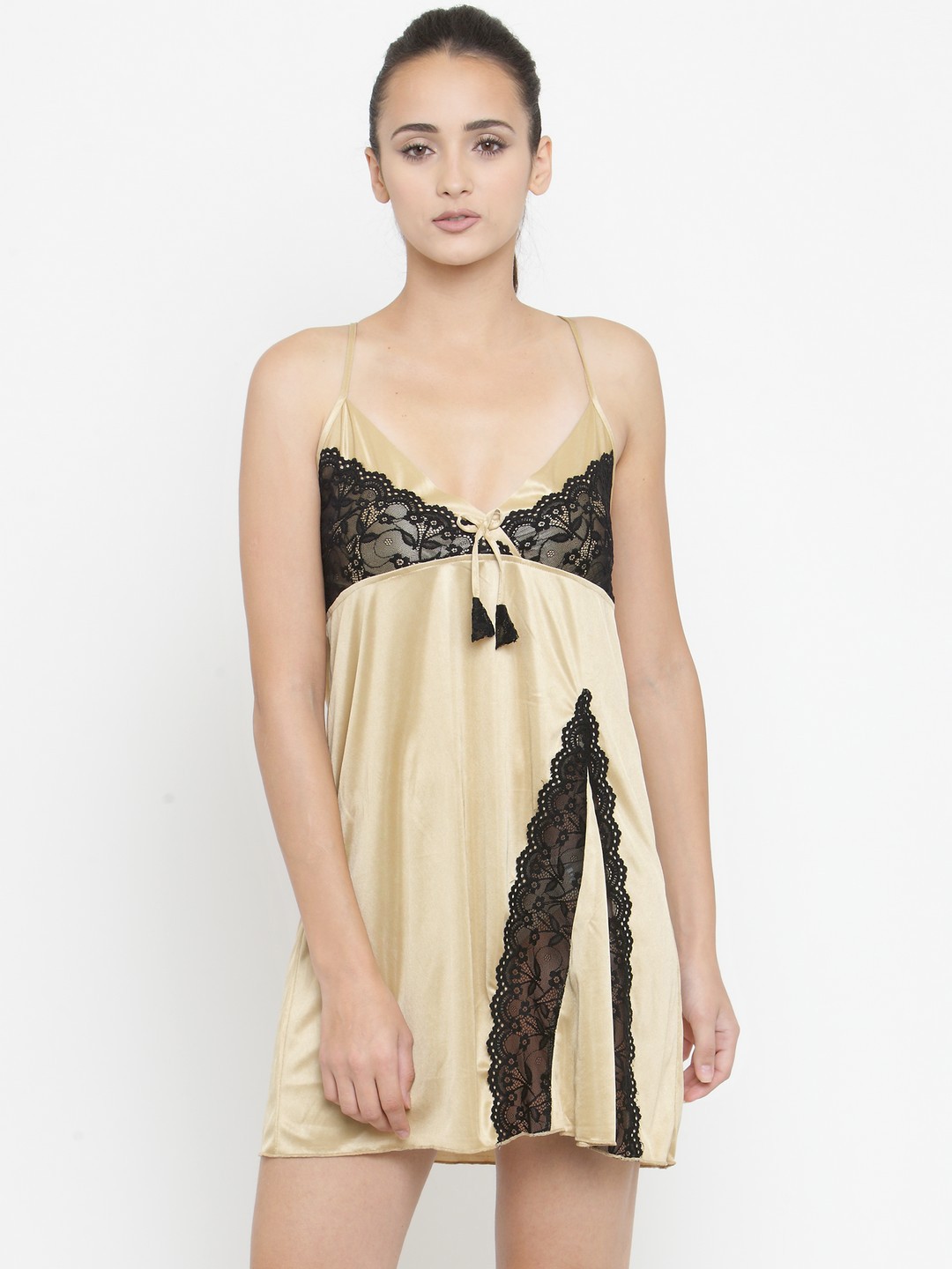 

N-Gal Beige & Black Self Design Baby Doll NR1058