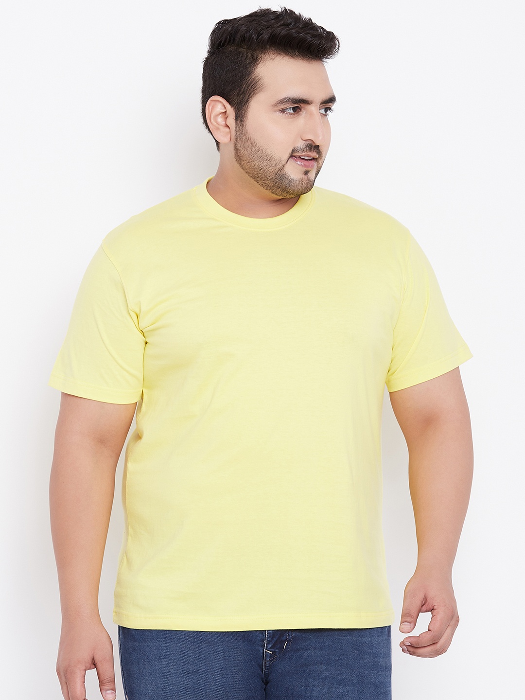 

bigbanana Plus Size Men Yellow Solid Round Neck T-shirt