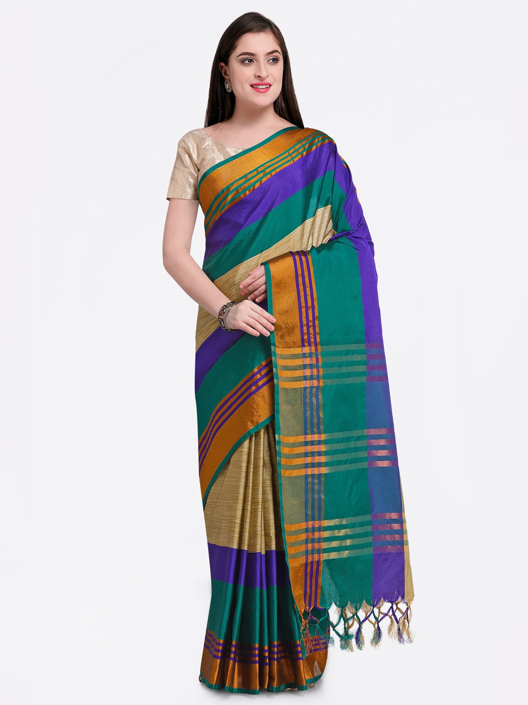 

Satrani Teal & Blue Poly Silk Woven Design Saree