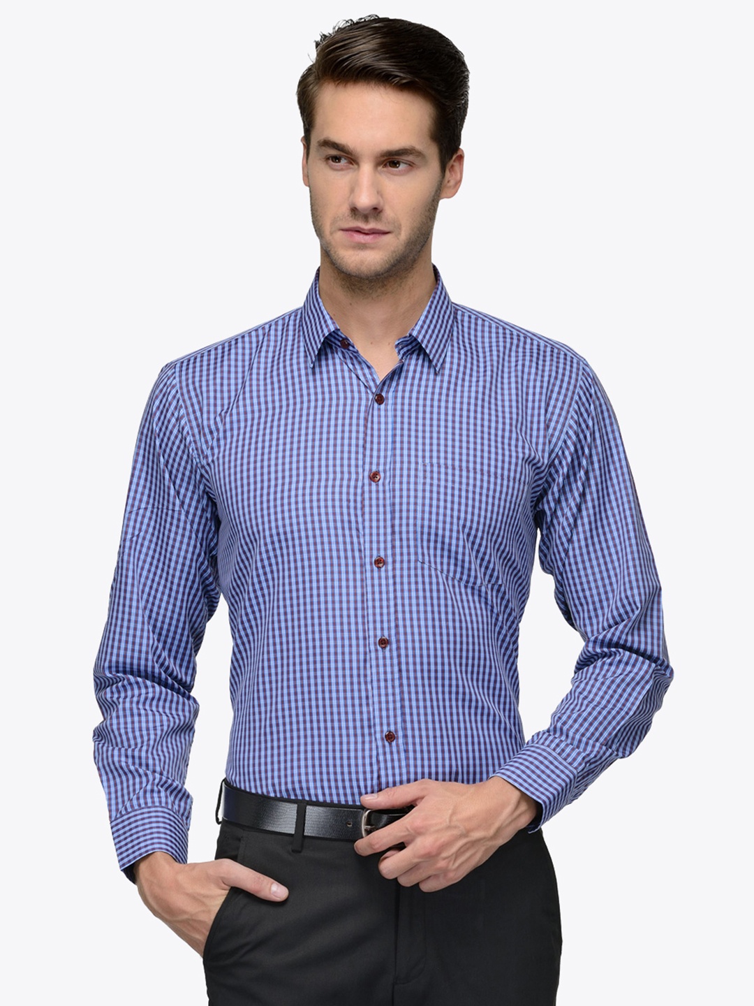 

English Navy Men Blue Slim Fit Checked Formal Shirt