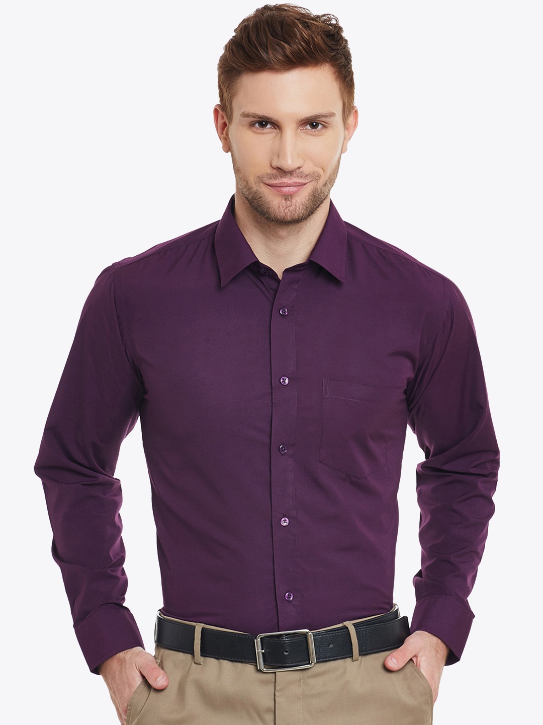 

English Navy Men Purple Slim Fit Solid Formal Shirt