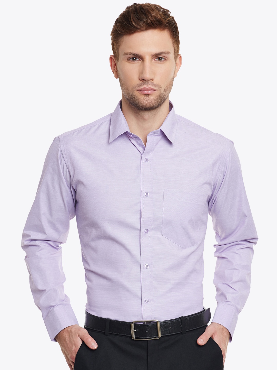 

English Navy Men Lavender Slim Fit Solid Formal Shirt