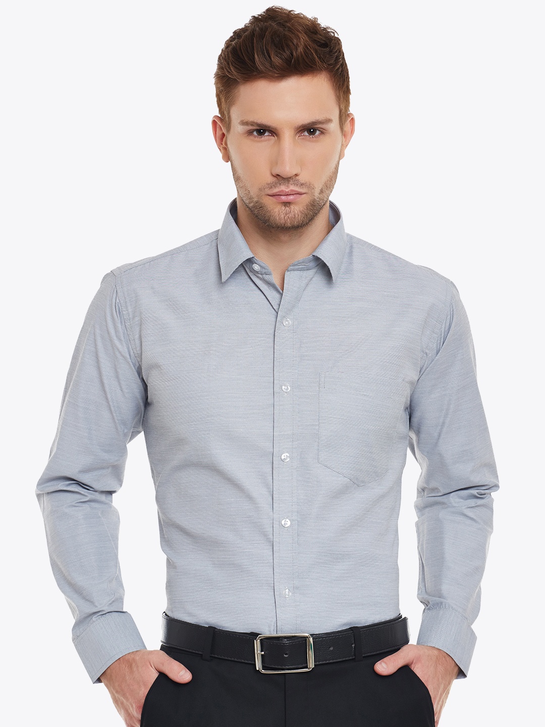 

English Navy Men Grey Slim Fit Solid Formal Shirt