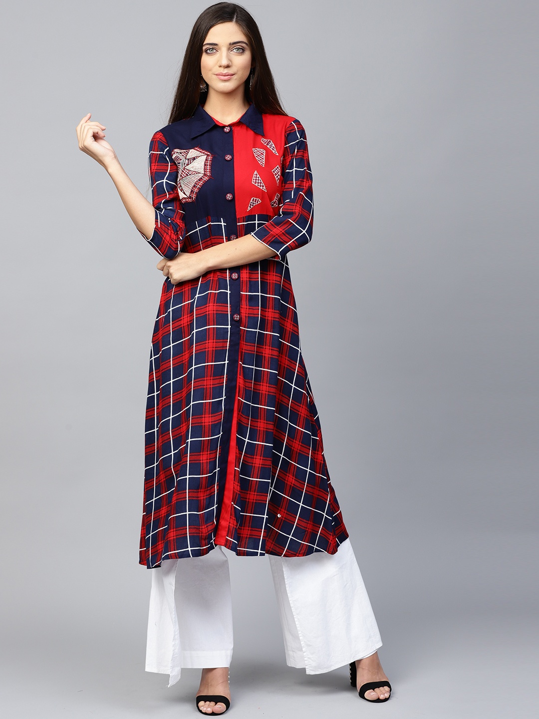 

Yufta Women Navy Blue & Red Checked A-Line Kurta