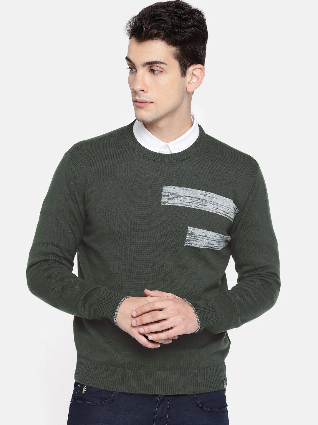 

Lee Men Olive Green & Grey Solid Pullover