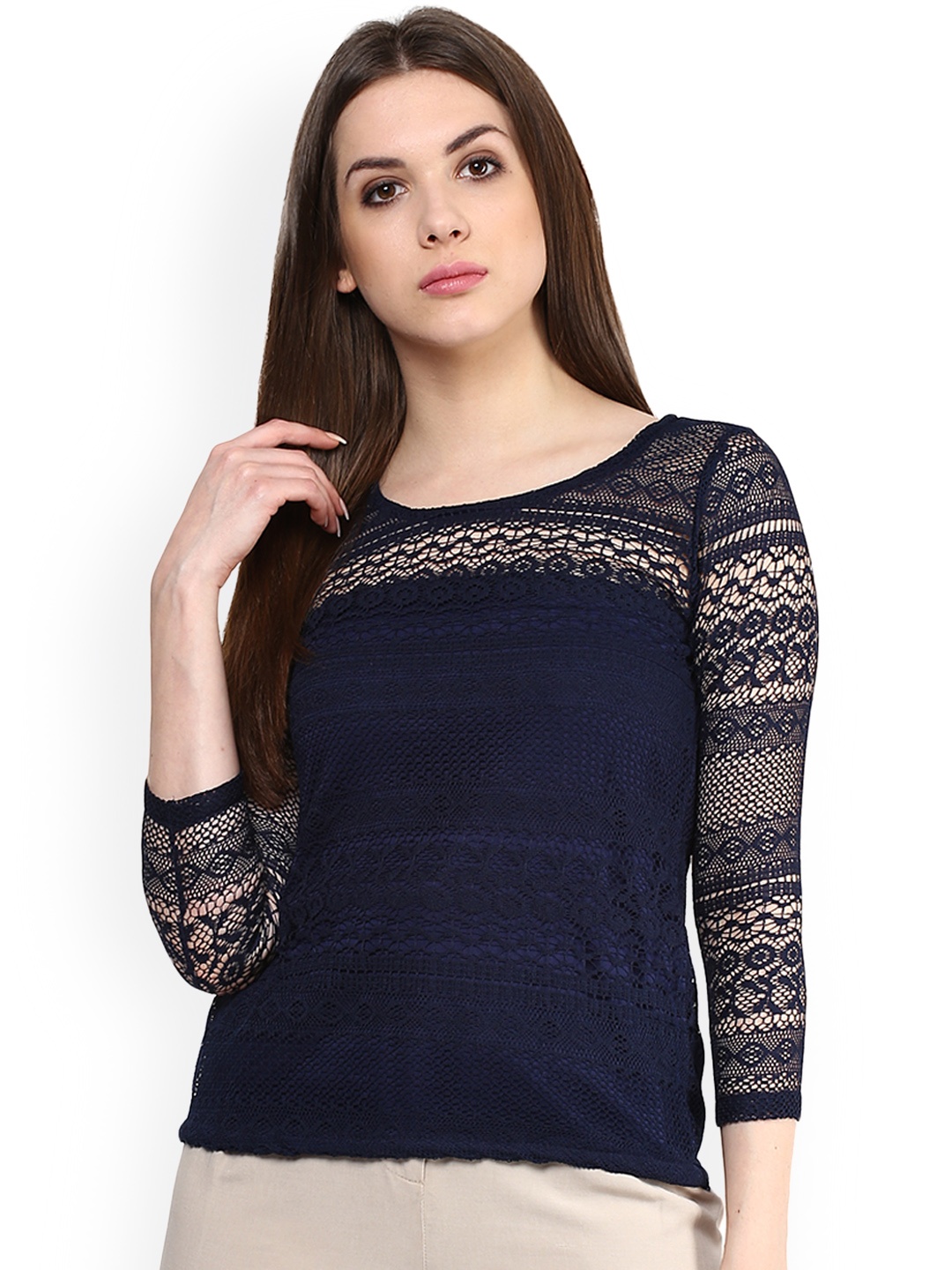 

Mayra Women Navy Blue Self Design Top