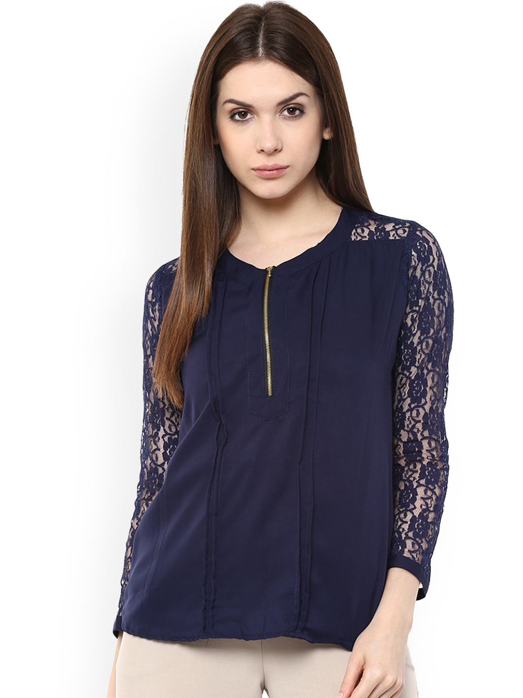 

Mayra Women Navy Blue Self Design Top