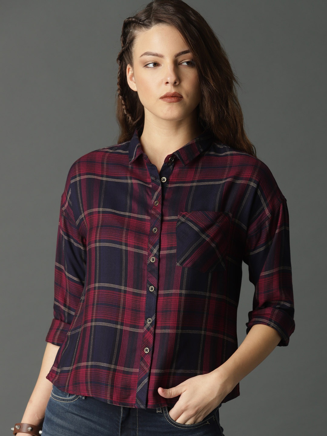 

Roadster Women Navy Blue & Maroon Regular Fit Checked Sustainable Casual Shirt