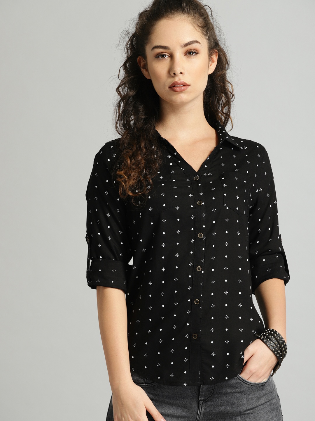 

Roadster Women Black Classic Printed Casual Shirt