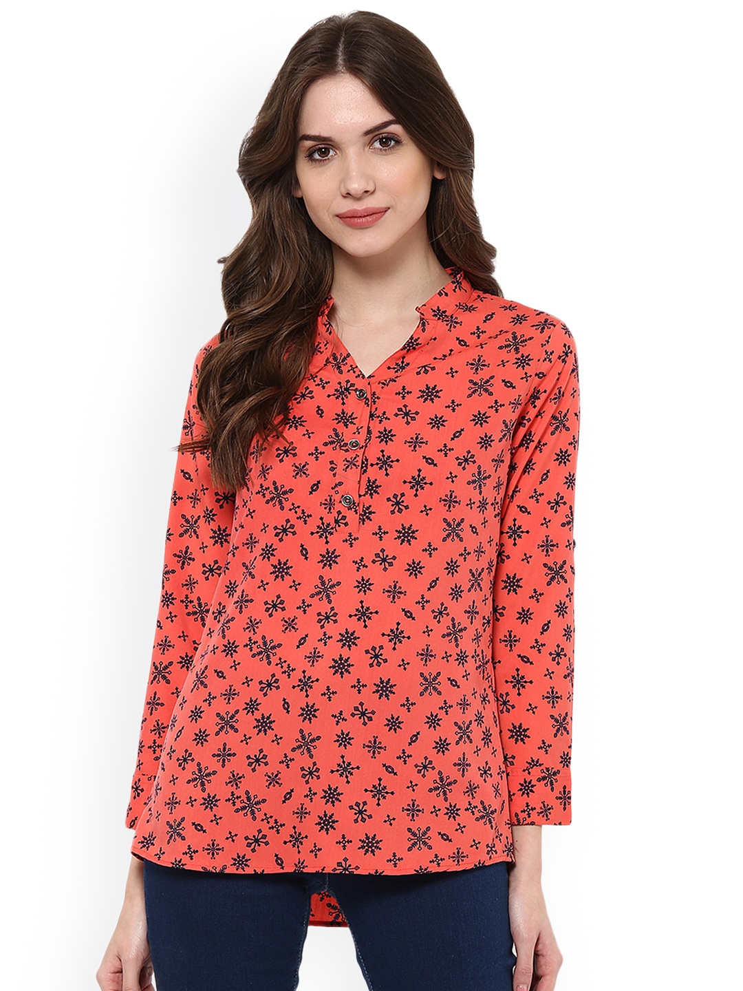 

Mayra Women Coral & Black Regular Fit Printed Casual Shirt