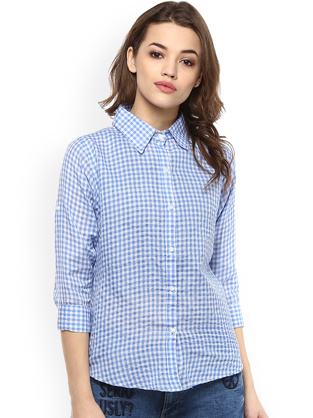 

Mayra Women Blue & White Regular Fit Checked Casual Shirt