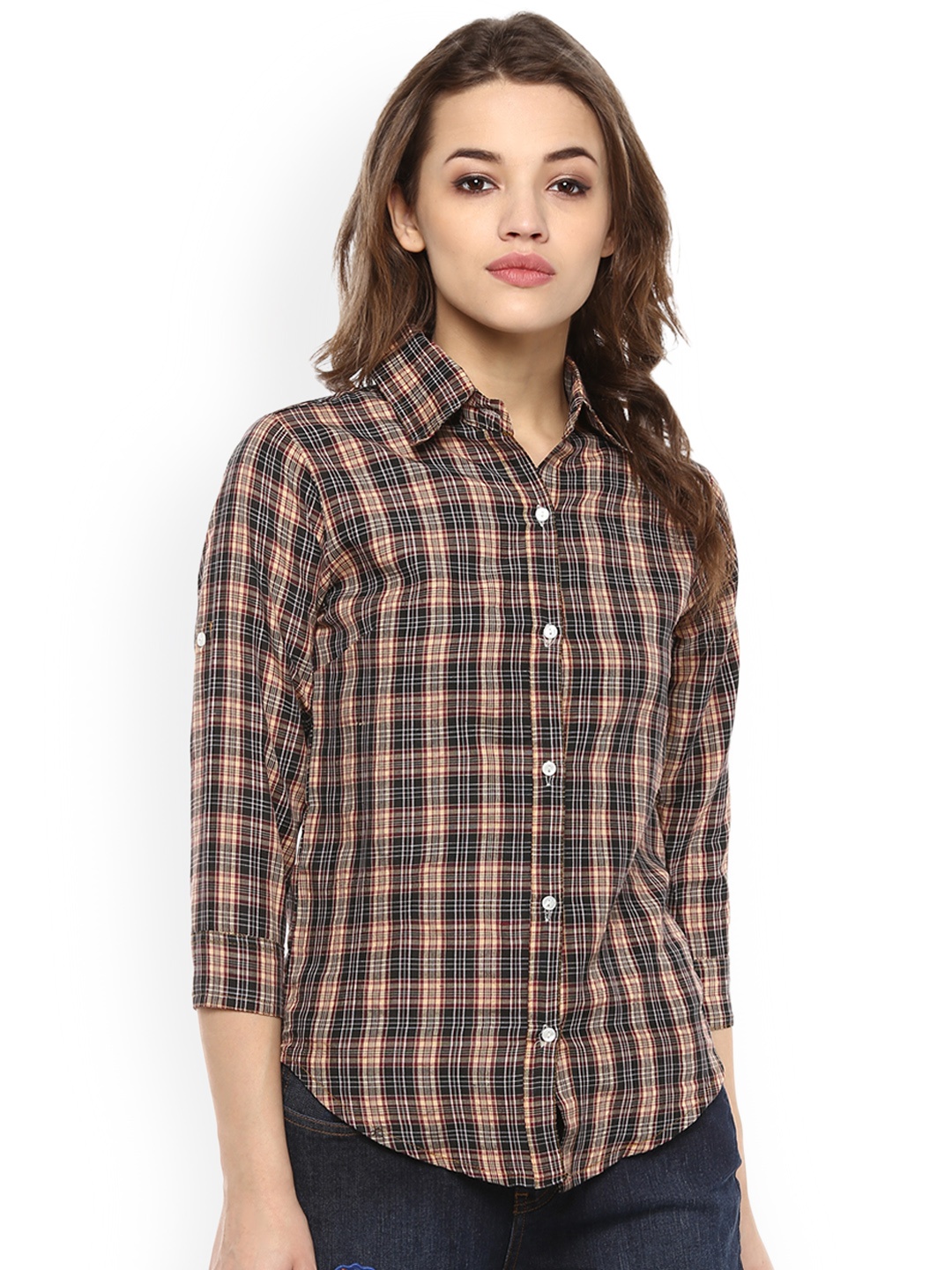 

Mayra Women Orange & Black Regular Fit Checked Casual Shirt