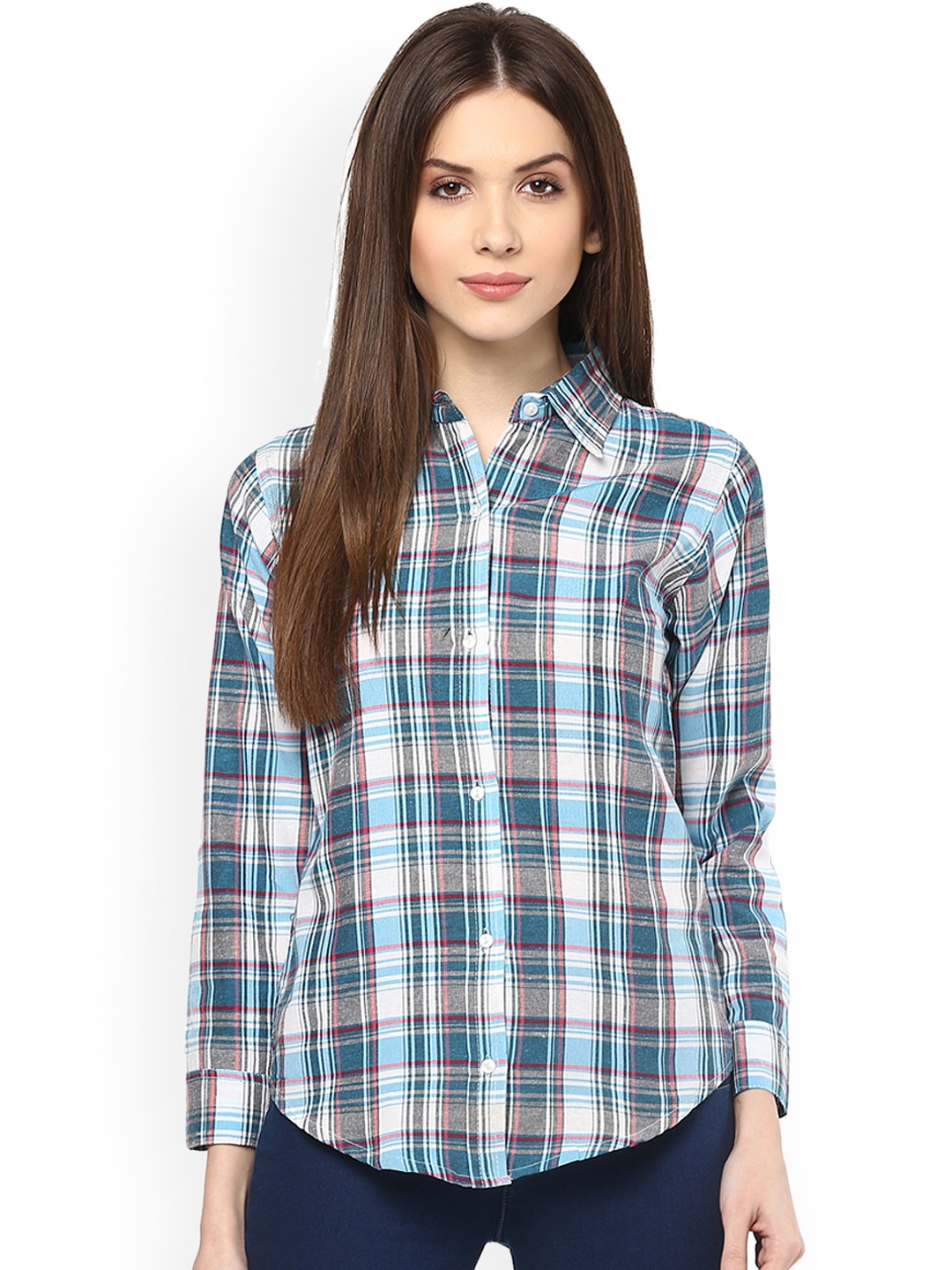 

Mayra Women Blue & Grey Regular Fit Checked Casual Shirt