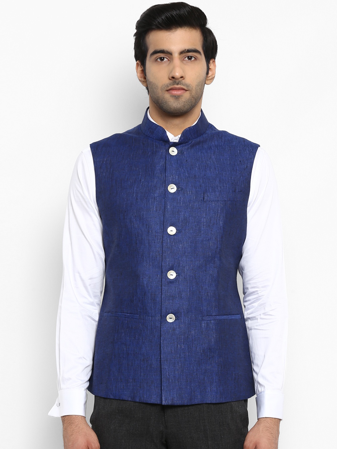 

ethnix Navy Blue Linen Nehru Jacket