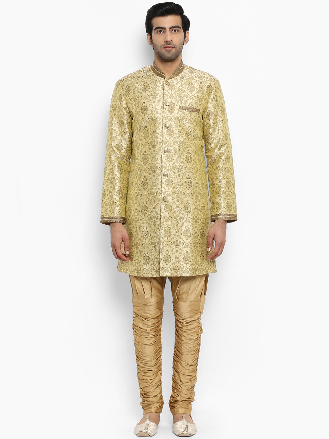 

ethnix Men Gold-Toned Self Design Kurta with Churidar