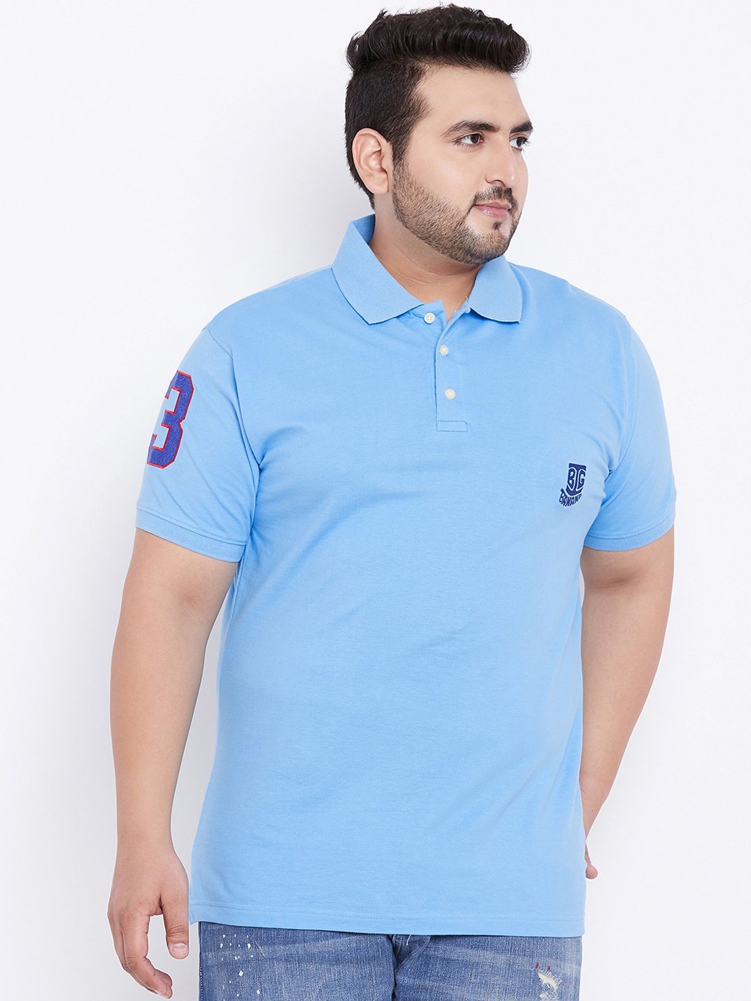 

bigbanana Plus Size Men Blue Solid Polo Collar T-shirt