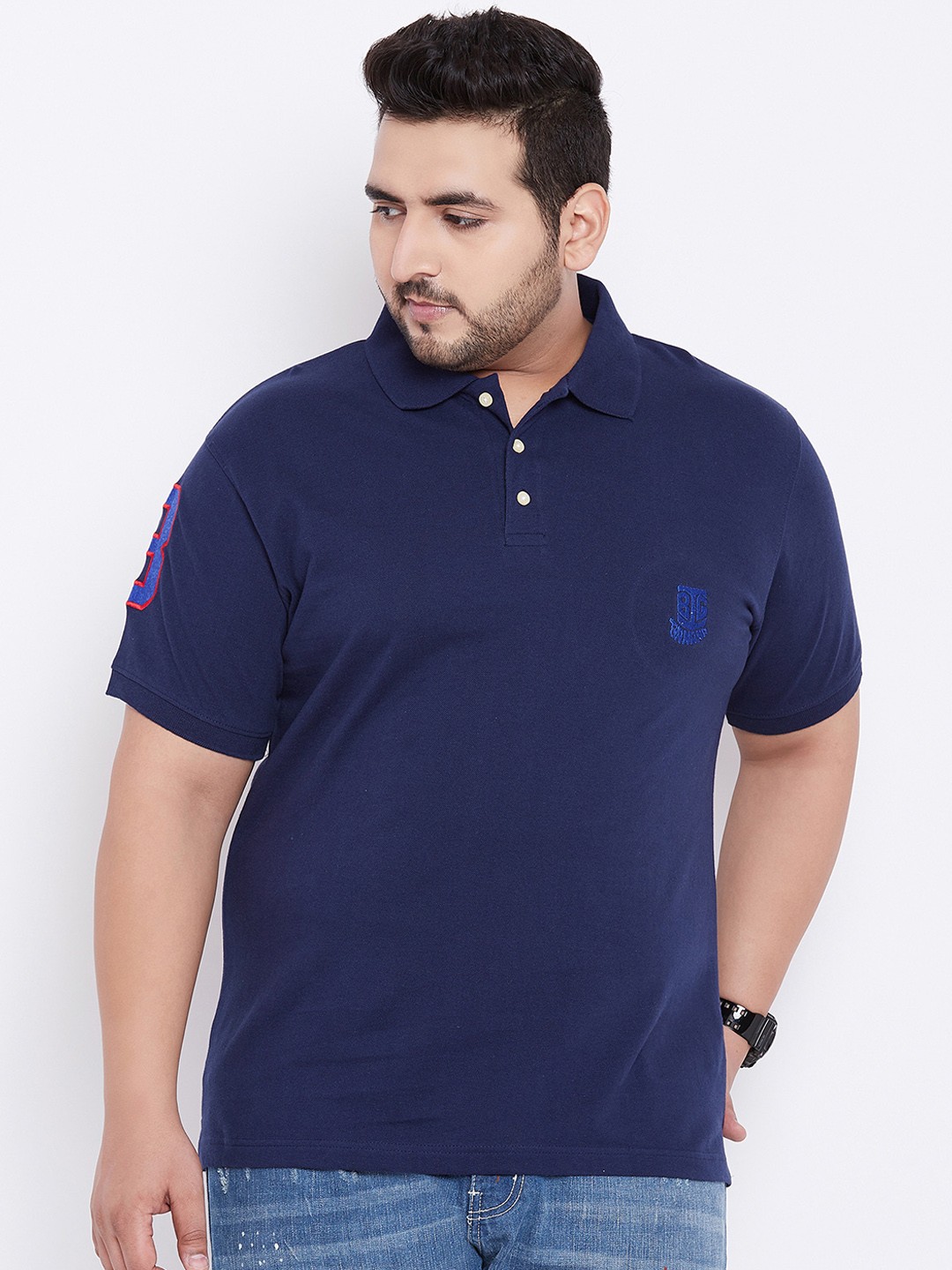 

bigbanana Plus Size Men Navy Blue Solid Polo Collar T-shirt