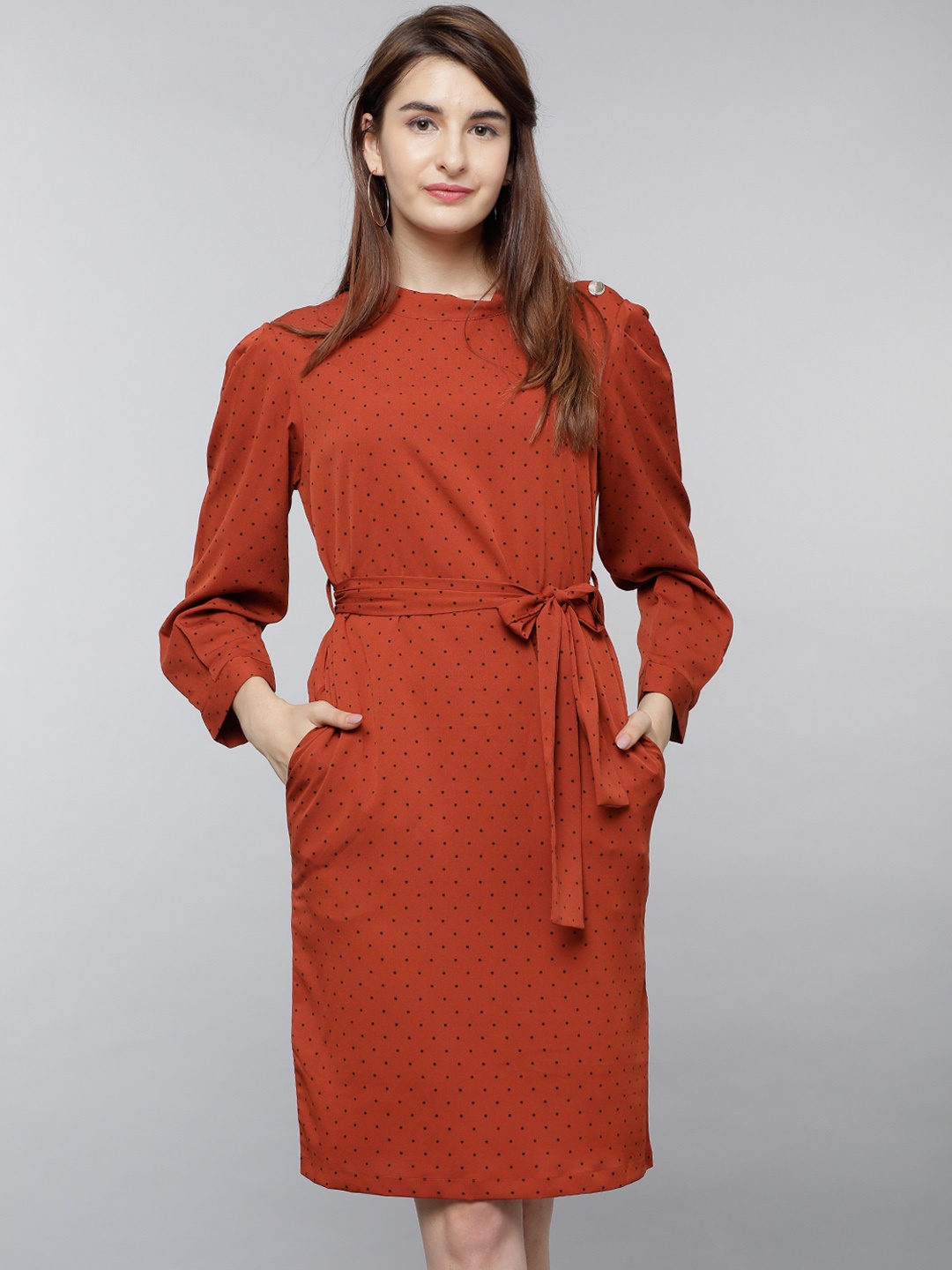

Tokyo Talkies Women Rust Red Polka Dot Print A-Line Dress with Belt