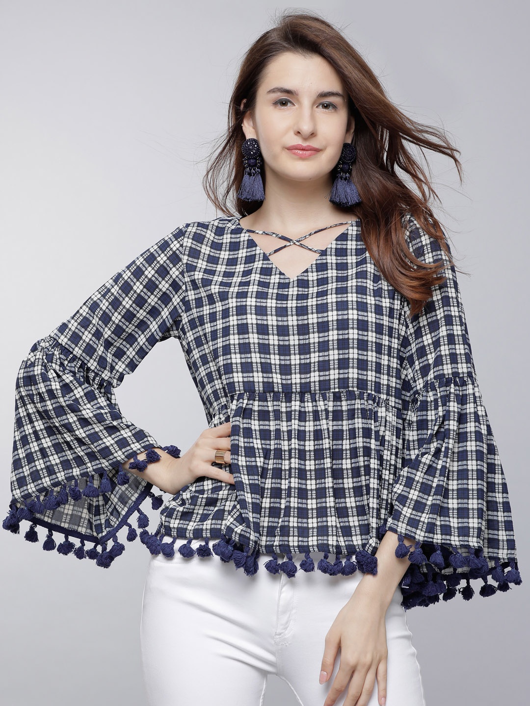 

Tokyo Talkies Women Blue Checked Peplum Top