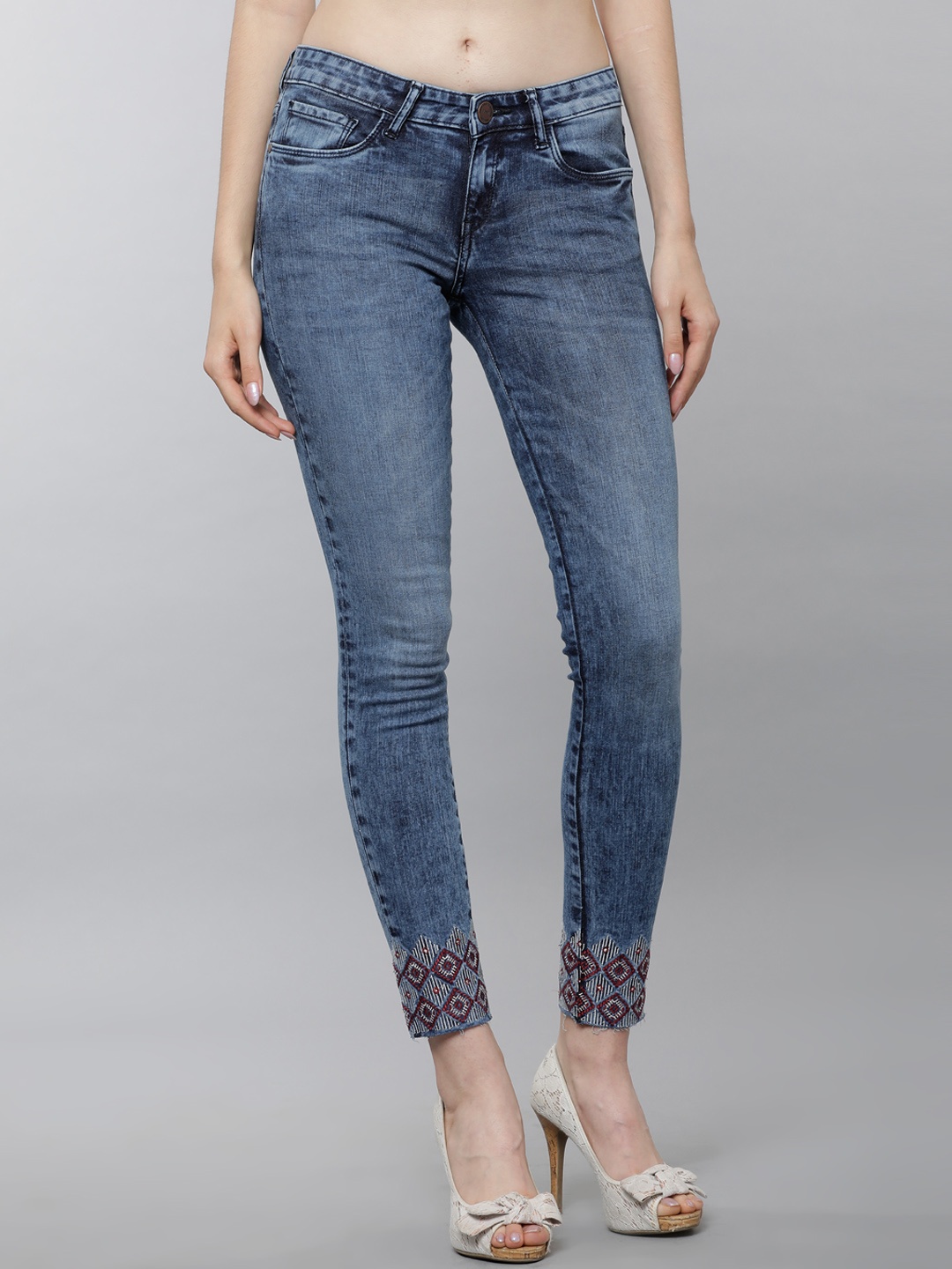 

Tokyo Talkies Women Blue Super Skinny Fit Mid-Rise Embroidered Stretchable Jeans