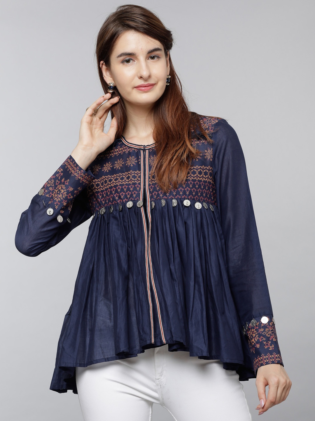 

Tokyo Talkies Women Blue Printed High-Low Pure Cotton Top