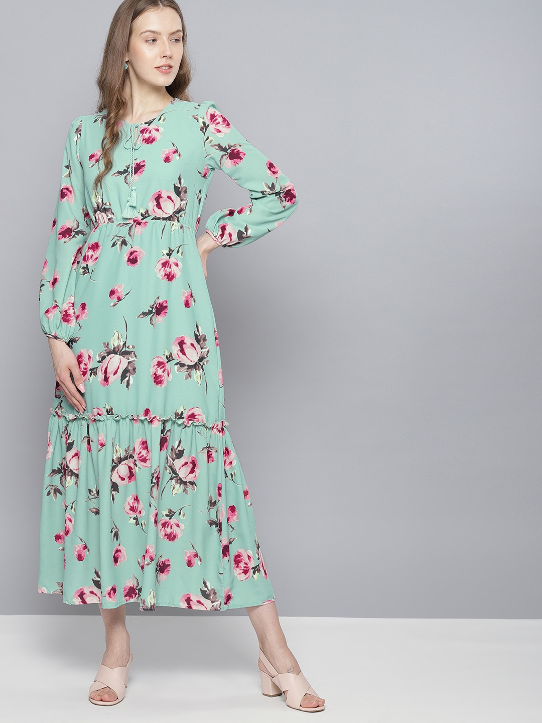 

Tokyo Talkies Women Pastel Green Printed & Peach-Coloured Maxi Dress