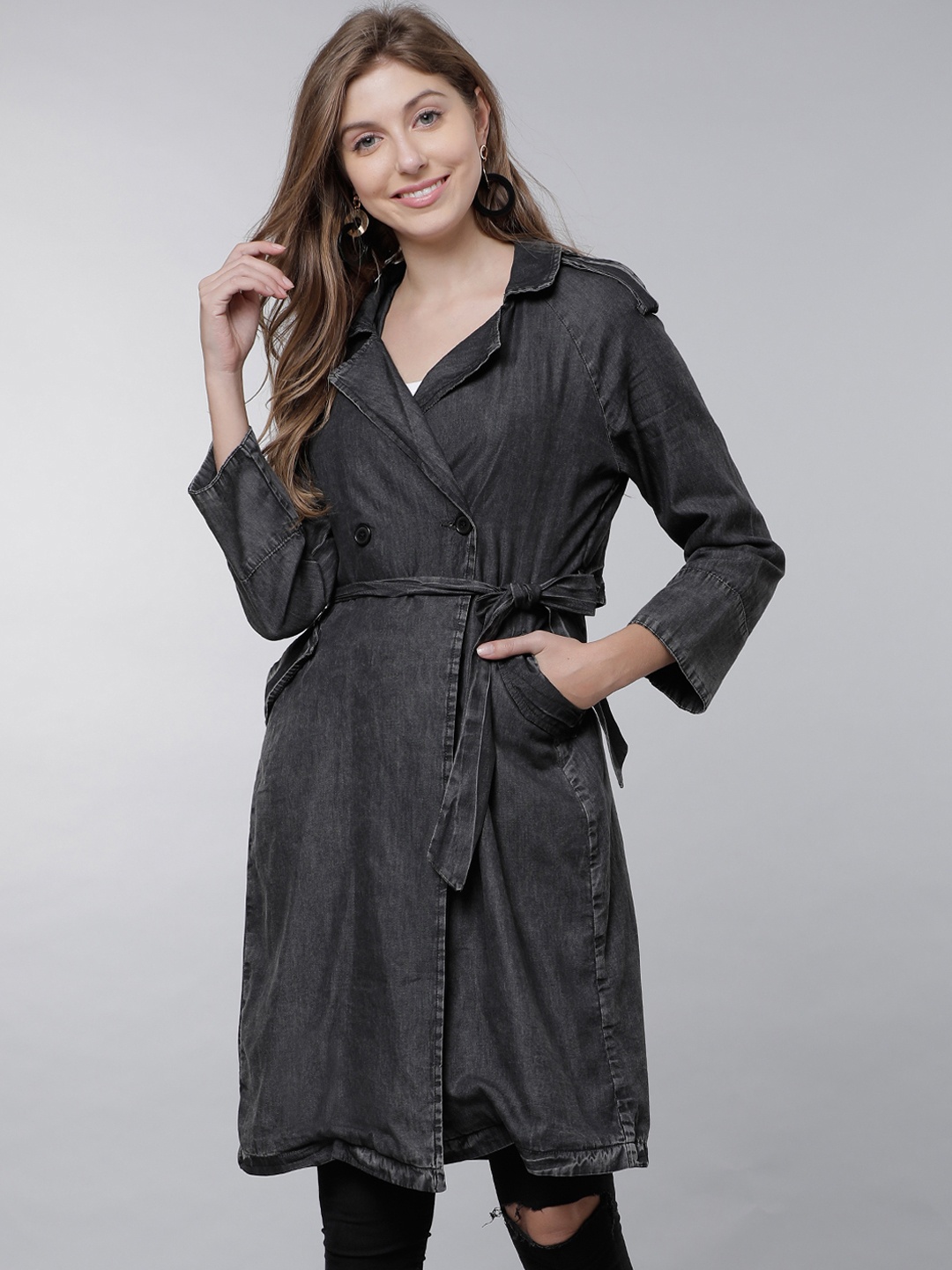 

Tokyo Talkies Charcoal Knee Length Denim Coat