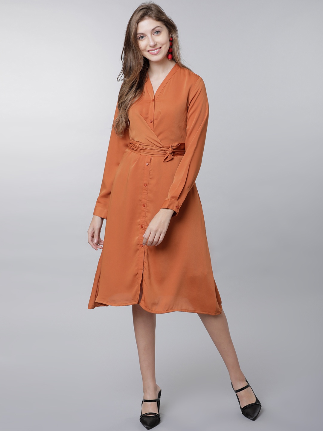 

Basics By Tokyo Talkies Women Rust Solid A-Line Dress with Belt
