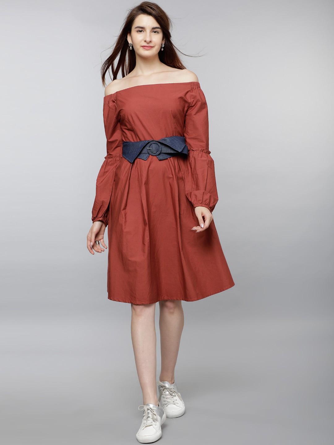 

Tokyo Talkies Women Rust Solid Fit and Flare Dress
