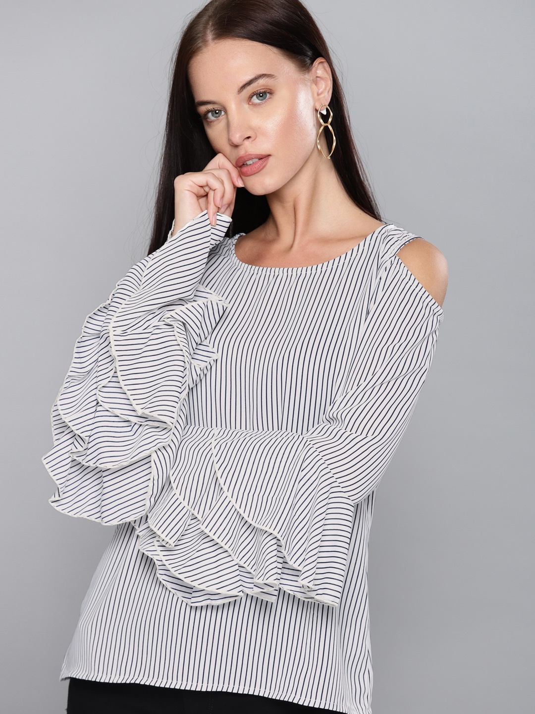 

Tokyo Talkies Women White & Navy Blue Striped Cold-Shoulder Top