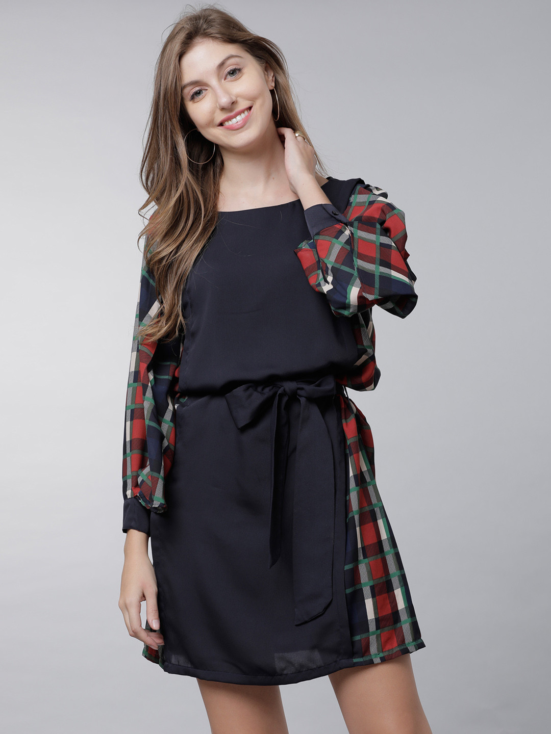 

Tokyo Talkies Women Navy Blue & Rust Red Checked Panelled A-Line Dress