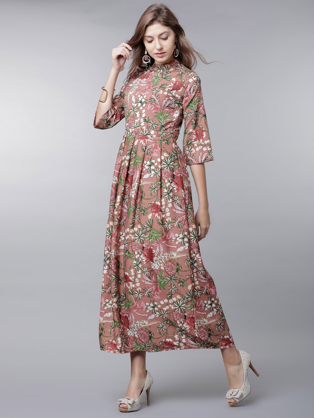 

Tokyo Talkies Women Peach-Coloured & Green Printed Maxi Dress