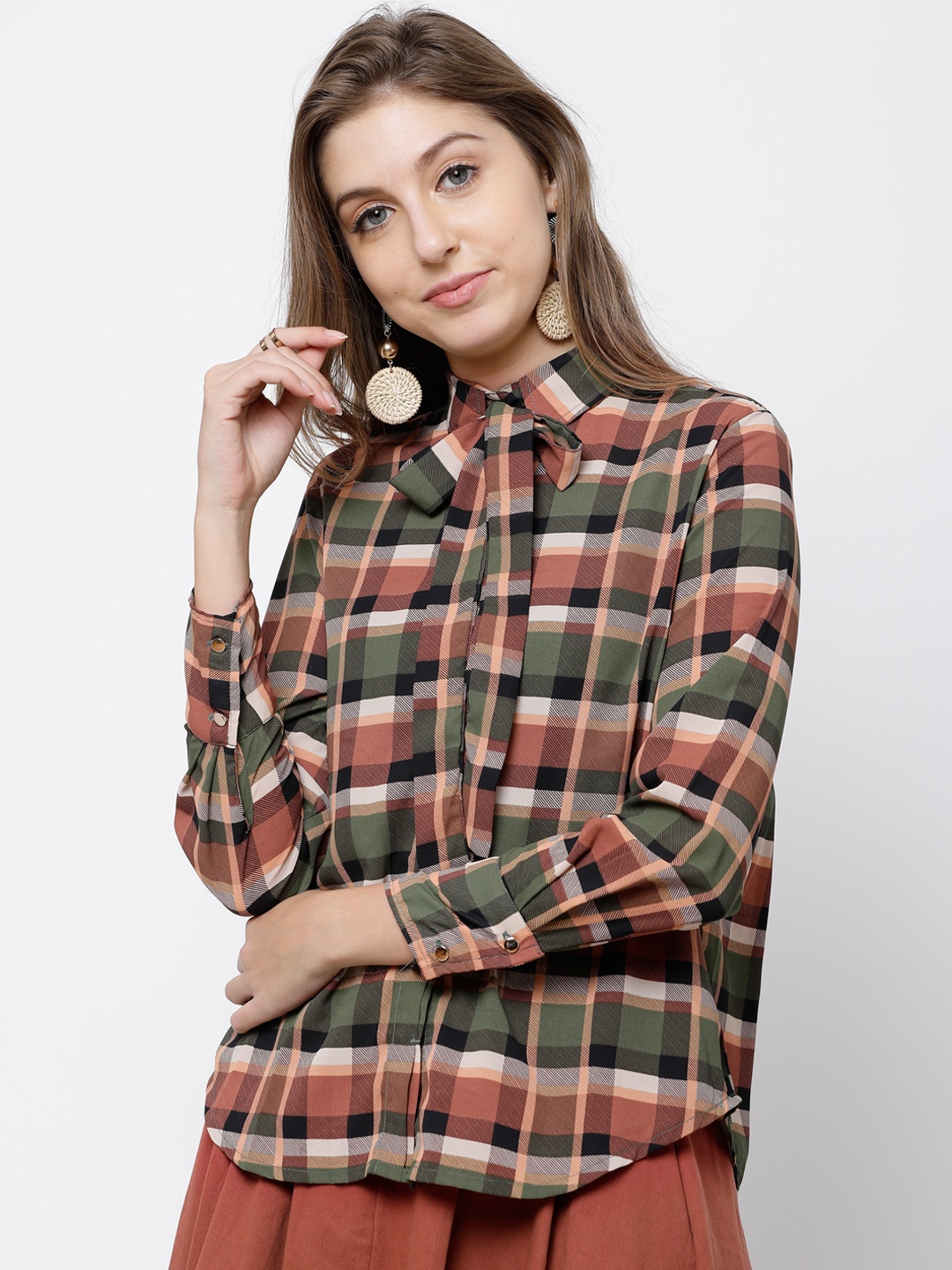 

Tokyo Talkies Women Olive Green & Multicoloured Regular Fit Checked Casual Shirt