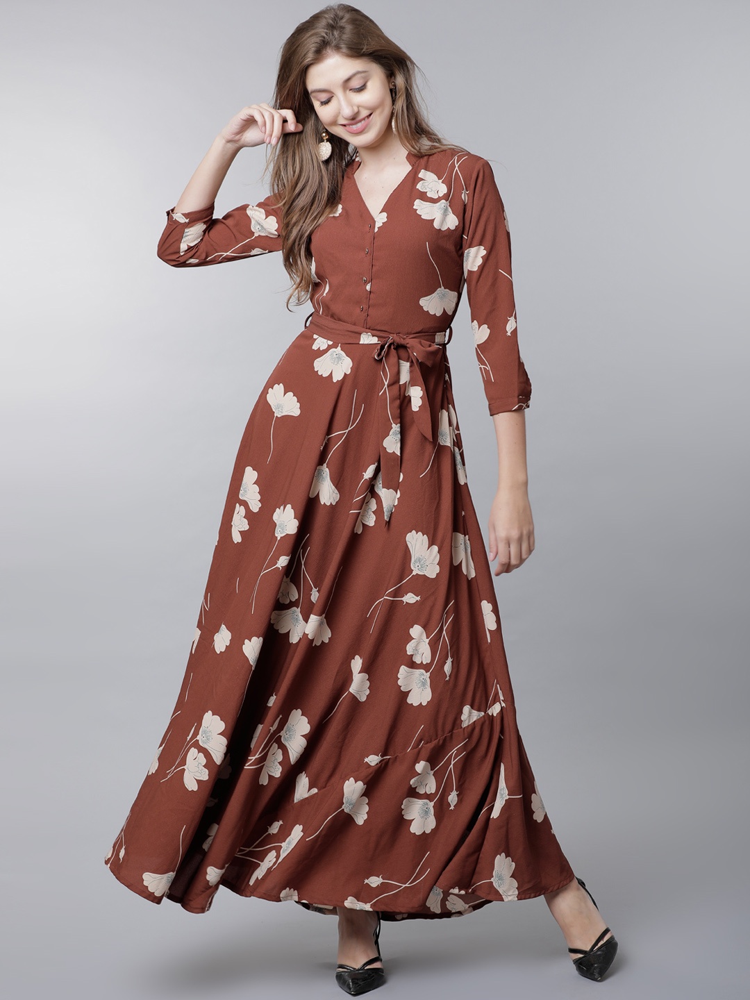 

Tokyo Talkies Women Brown Printed Maxi Dress