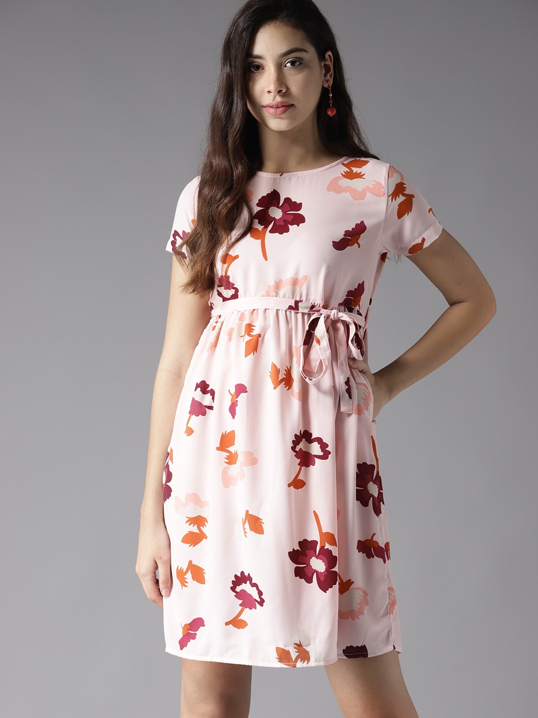

Moda Rapido Women Peach-Coloured & Maroon Printed Empire Dress