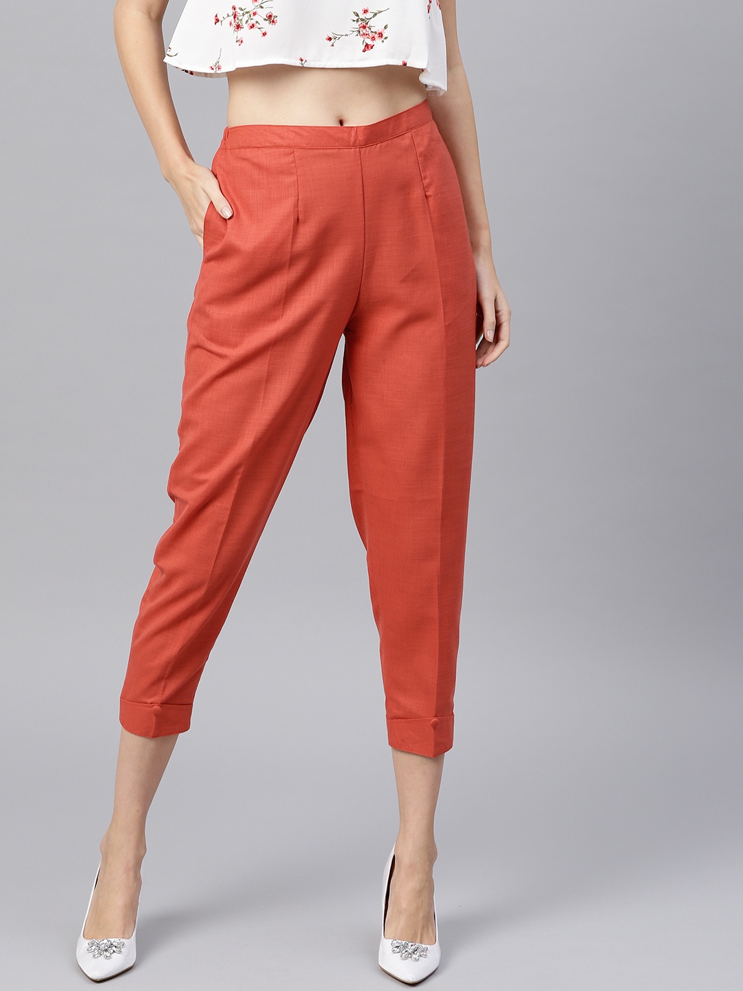 

Gerua By Libas Women Orange Regular Fit Solid Cropped Trousers
