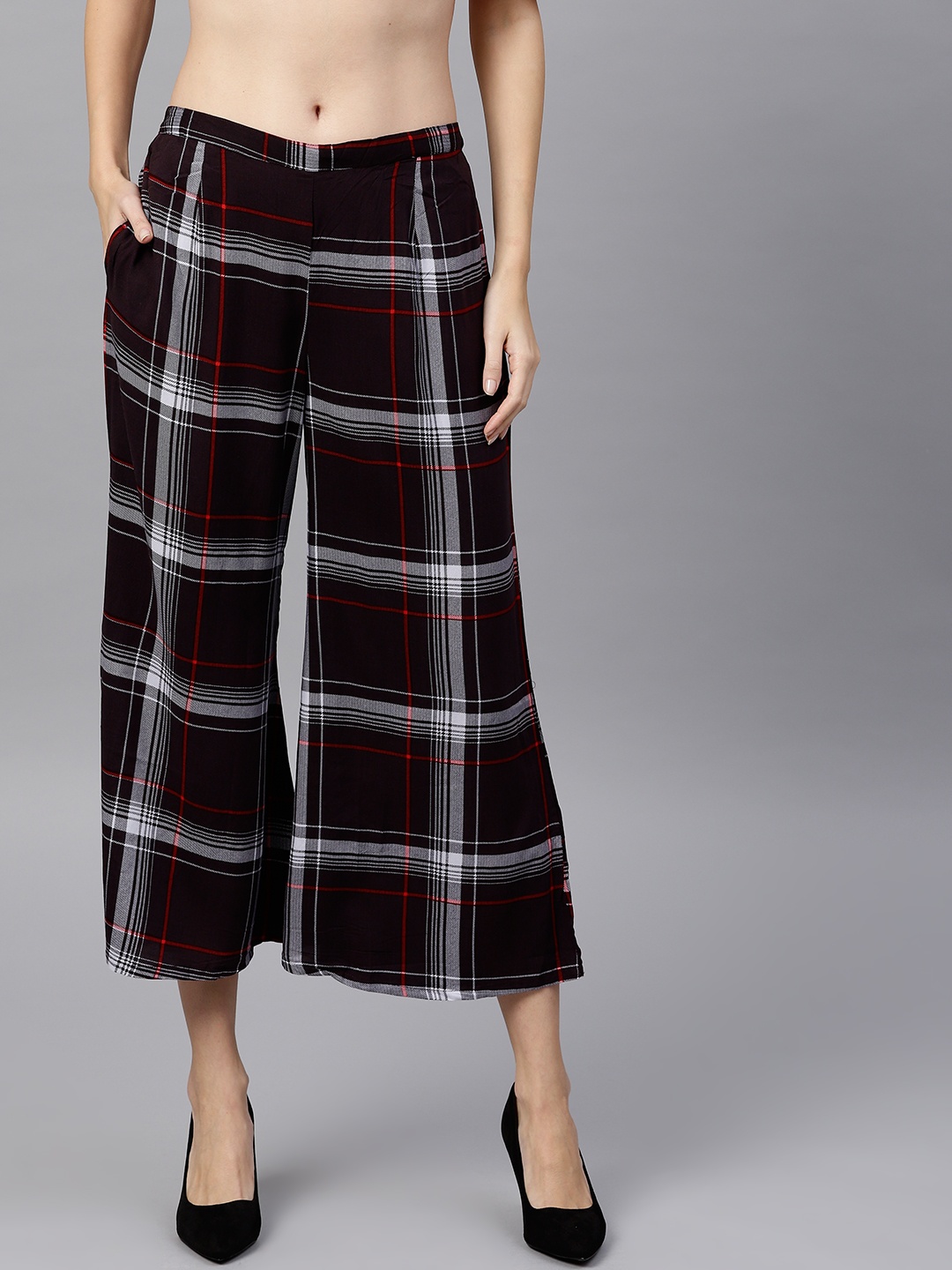 

GERUA Women Coffee Brown & Grey Checked Cropped Wide Leg Palazzos