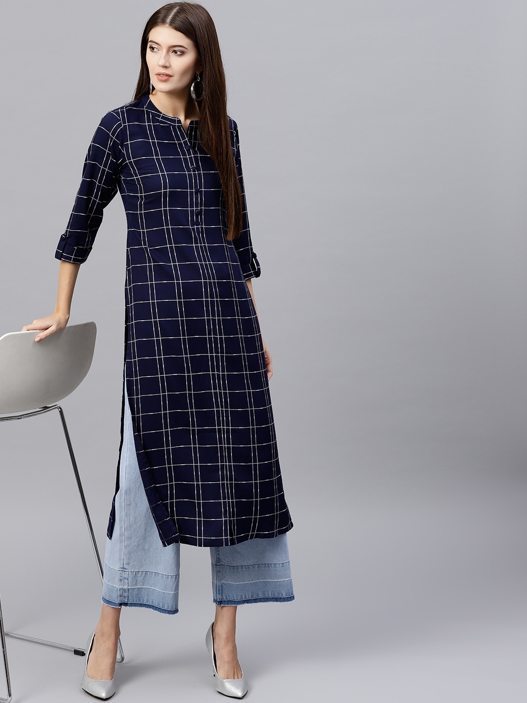 

GERUA Women Navy Blue Checked Straight Kurta