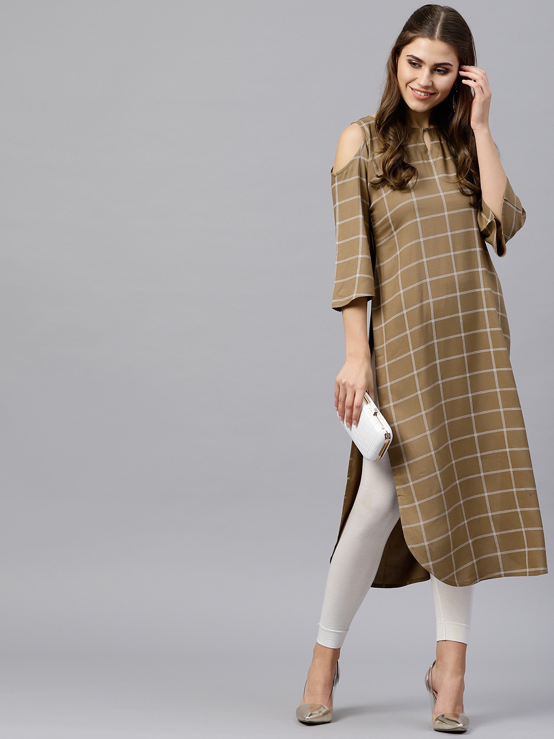 

Gerua By Libas Women Taupe Checked Straight Kurta