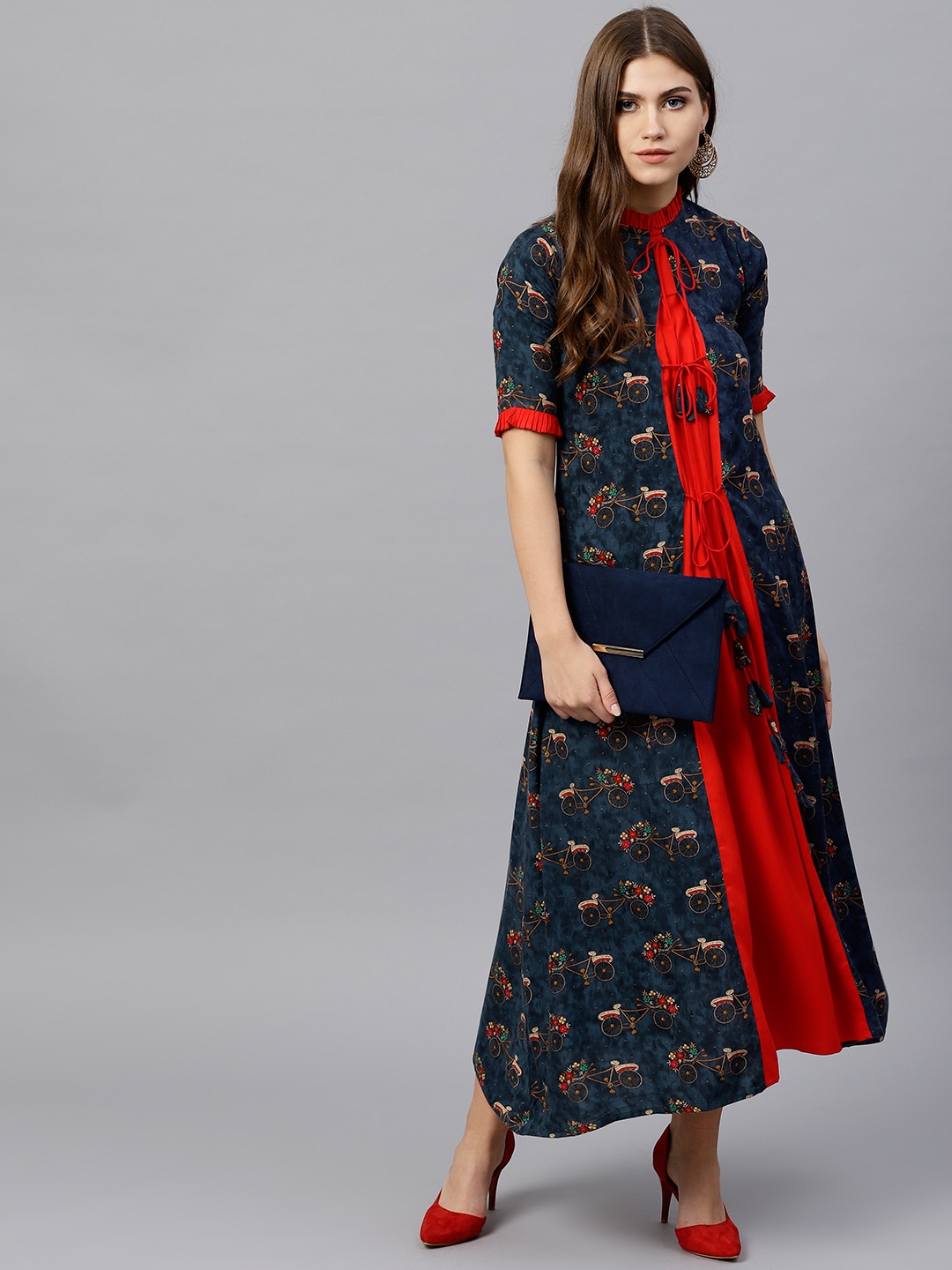 

GERUA Women Navy Blue & Red Printed Panelled A-Line Kurta