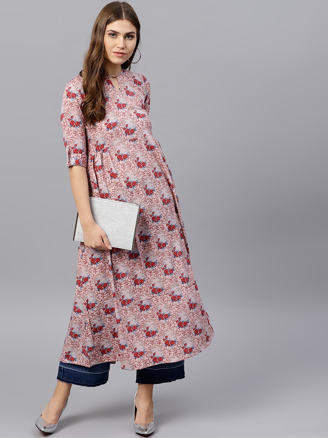 

GERUA Women Pink & Rust Red Printed A-Line Kurta