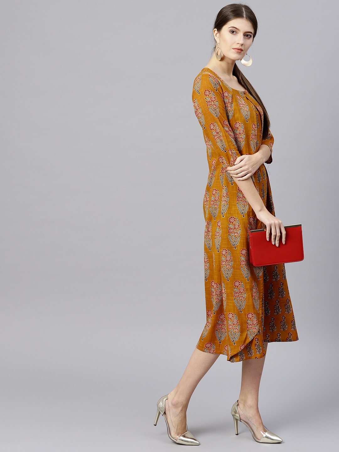 

GERUA Women Mustard Brown Printed Layered Midi A-Line Dress