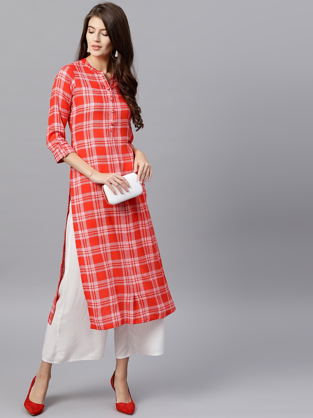 

Gerua By Libas Women Red Off-White Checked Straight Kurta