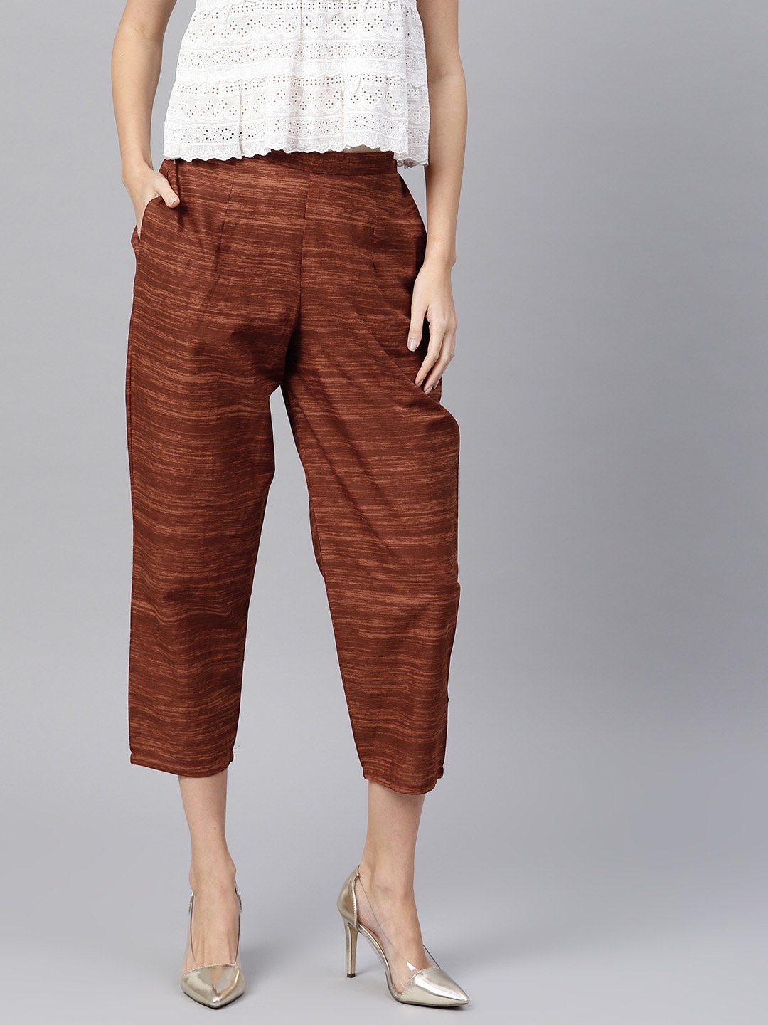 

GERUA Women Rust Brown Regular Fit Striped Cropped Trousers