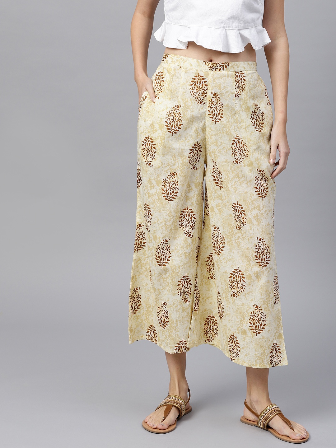 

GERUA Women Beige & Brown Printed Wide Leg Cropped Palazzos