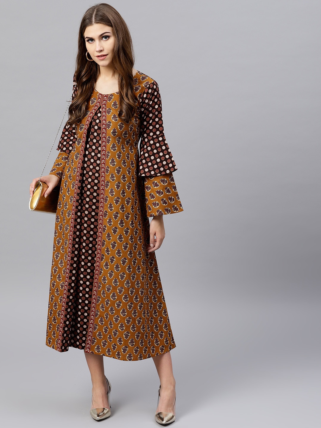 

GERUA Women Brown Printed Layered Midi A-Line Dress