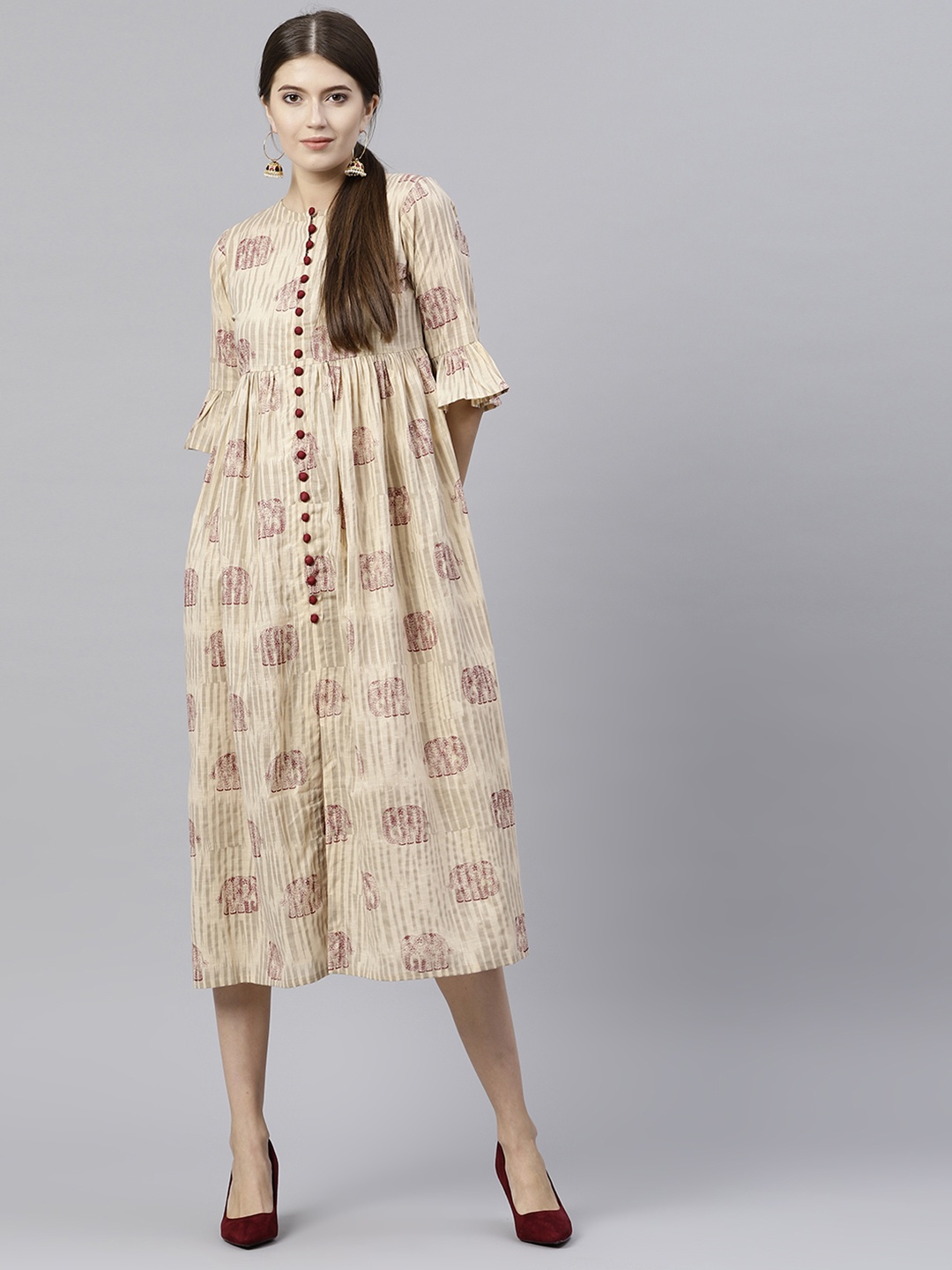 

GERUA Women Beige Printed Midi Empire Dress