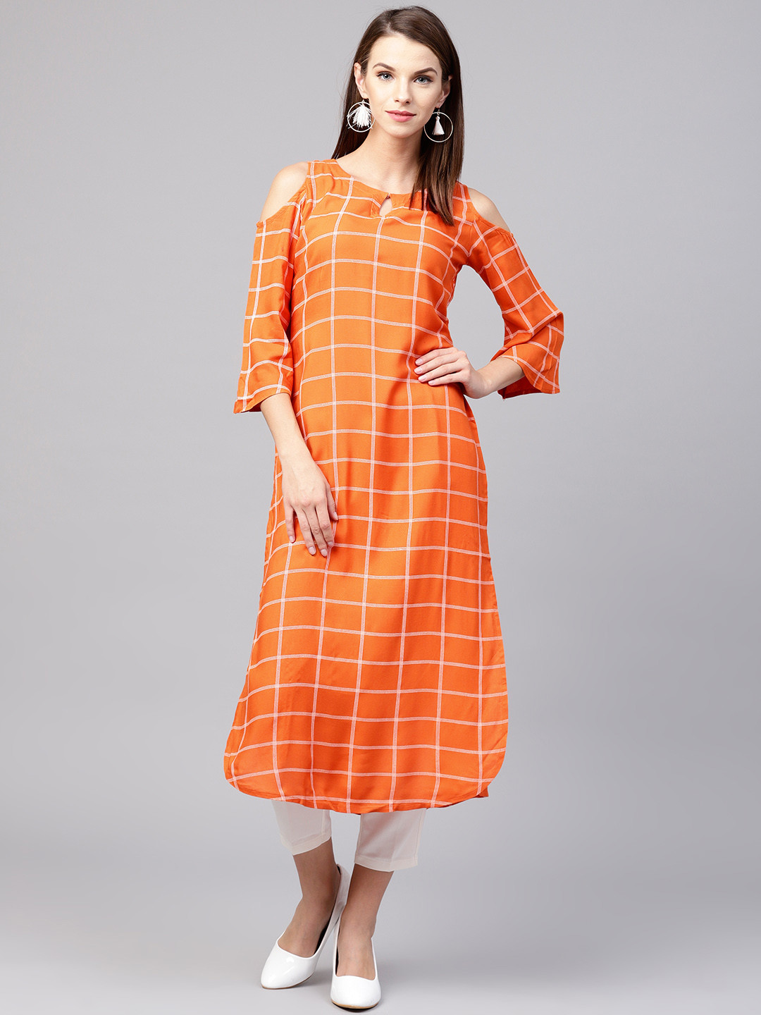 

GERUA Women Orange & White Checked Straight Kurta