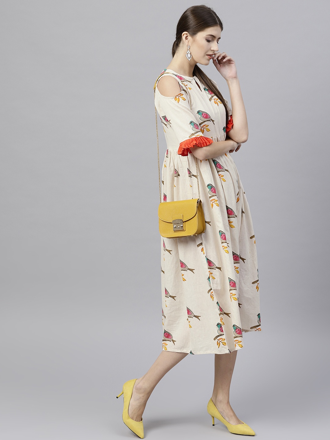 

GERUA Women Off-White Printed Cold Shoulder Midi Empire Dress